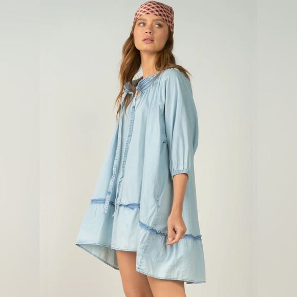 Elan Dresses & Skirts - Elan Women’s Sienna Ruffle Mini Dress Blue Wash Ruffle feminine BOHO SMALL NWT